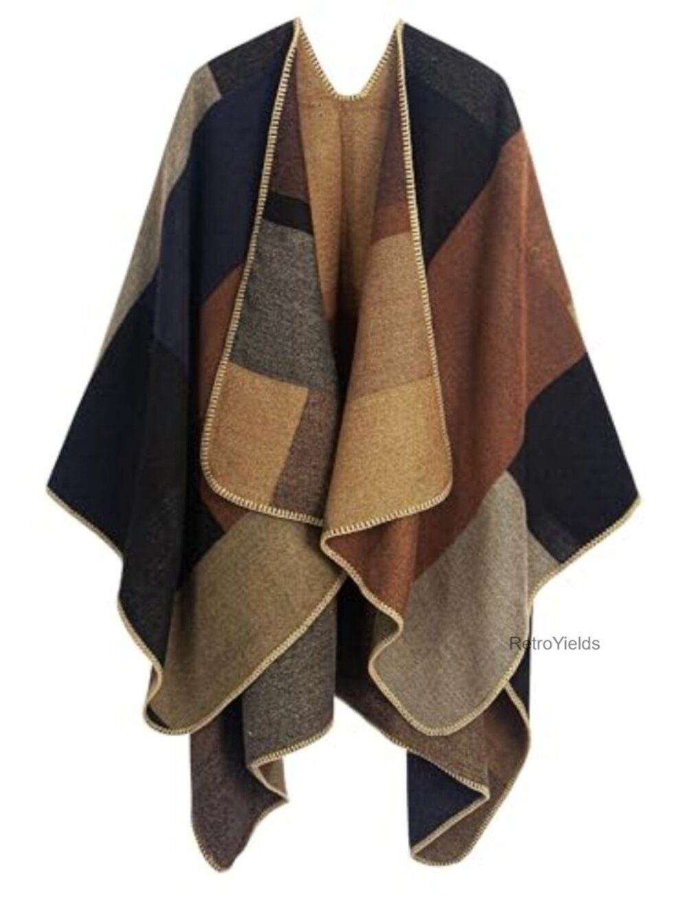Reversible Cashmere-Feeling Poncho Cape Open Front Shawl Wrap One Size